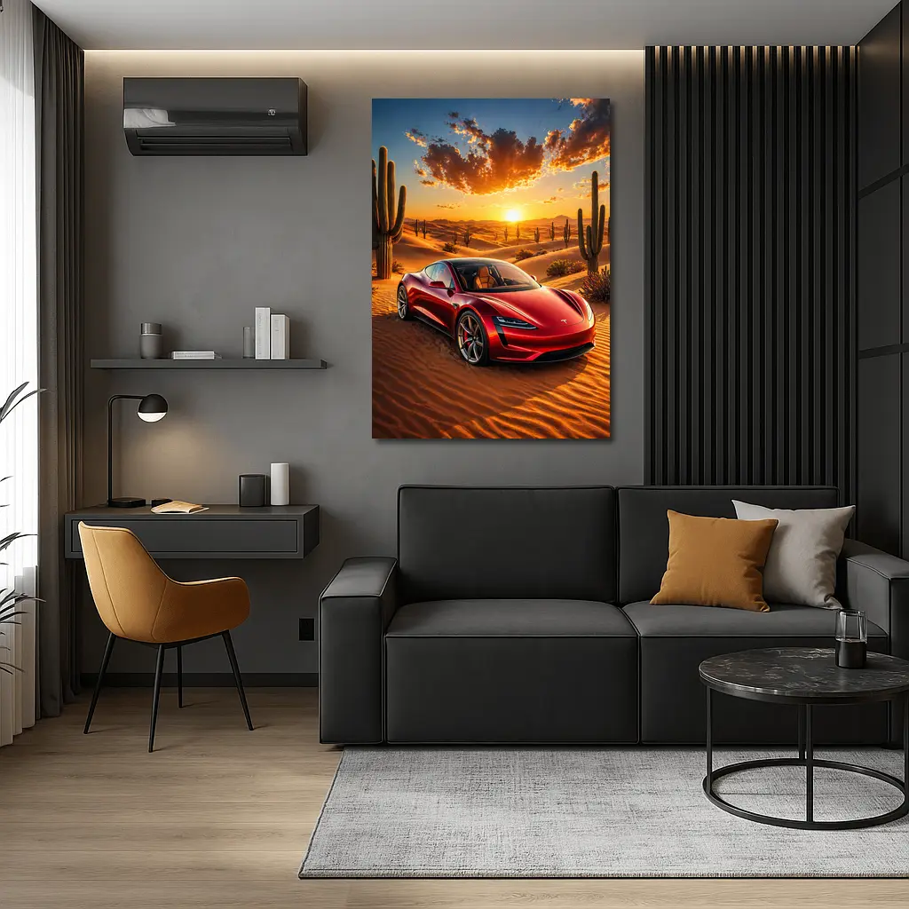 Tesla Roadster Red Car Desert Sunset – Wall Art