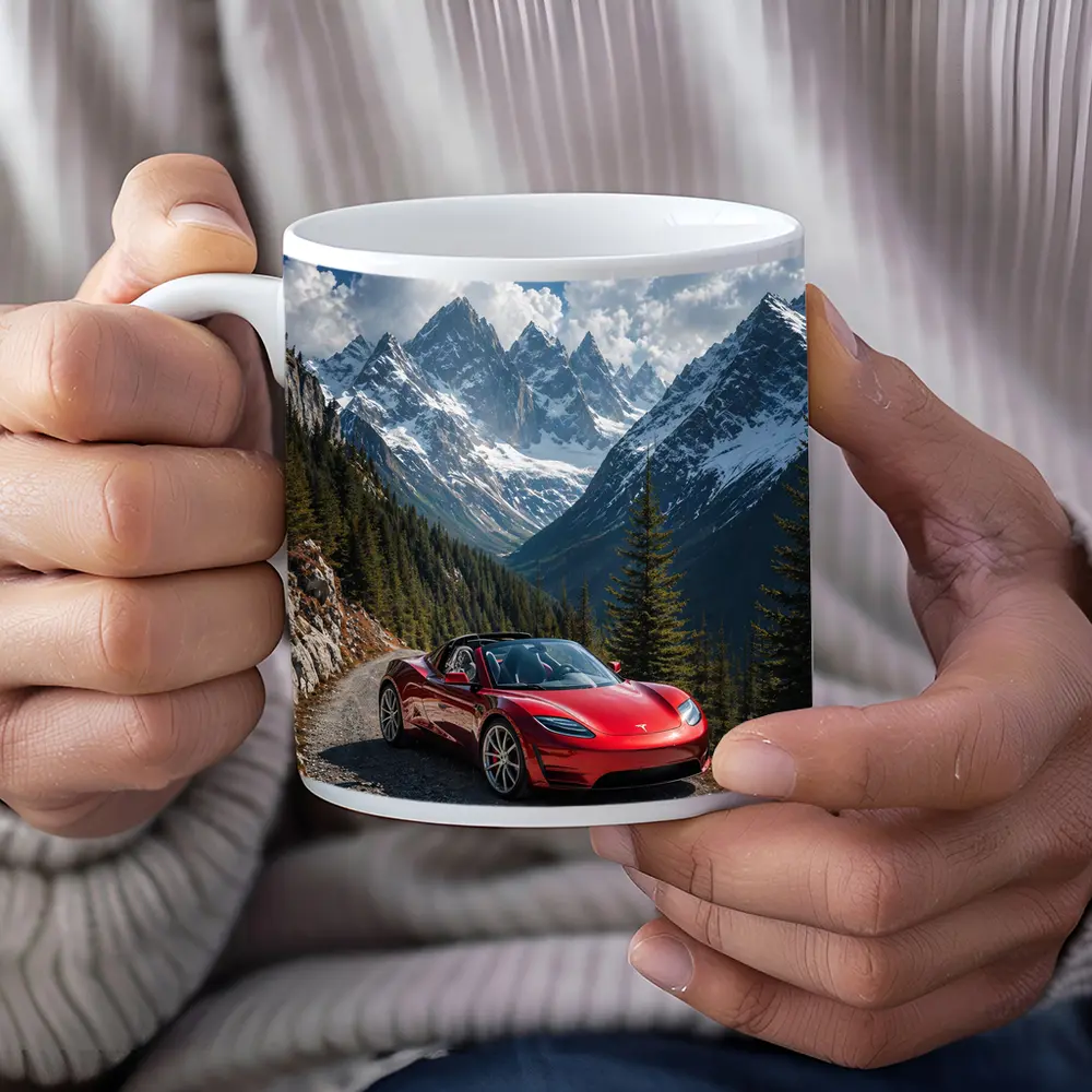 Tesla Roadster Red Car Mountain Road – Mugs
