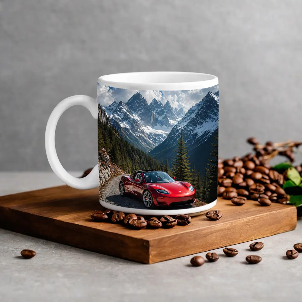 Tesla Roadster Red Car Mountain Road – Mugs
