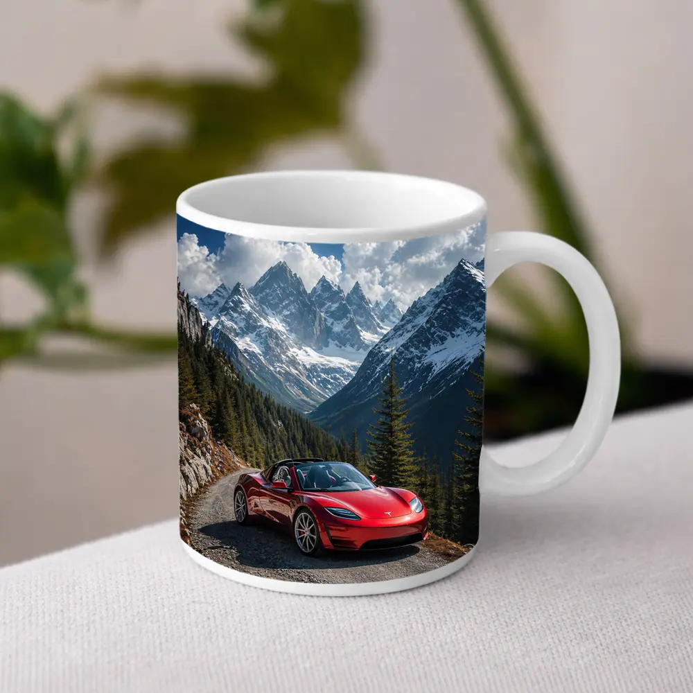 Tesla Roadster Red Car Mountain Road – Mugs