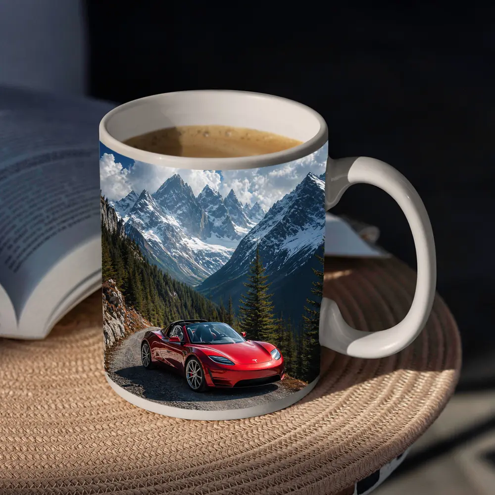 Tesla Roadster Red Car Mountain Road – Mugs