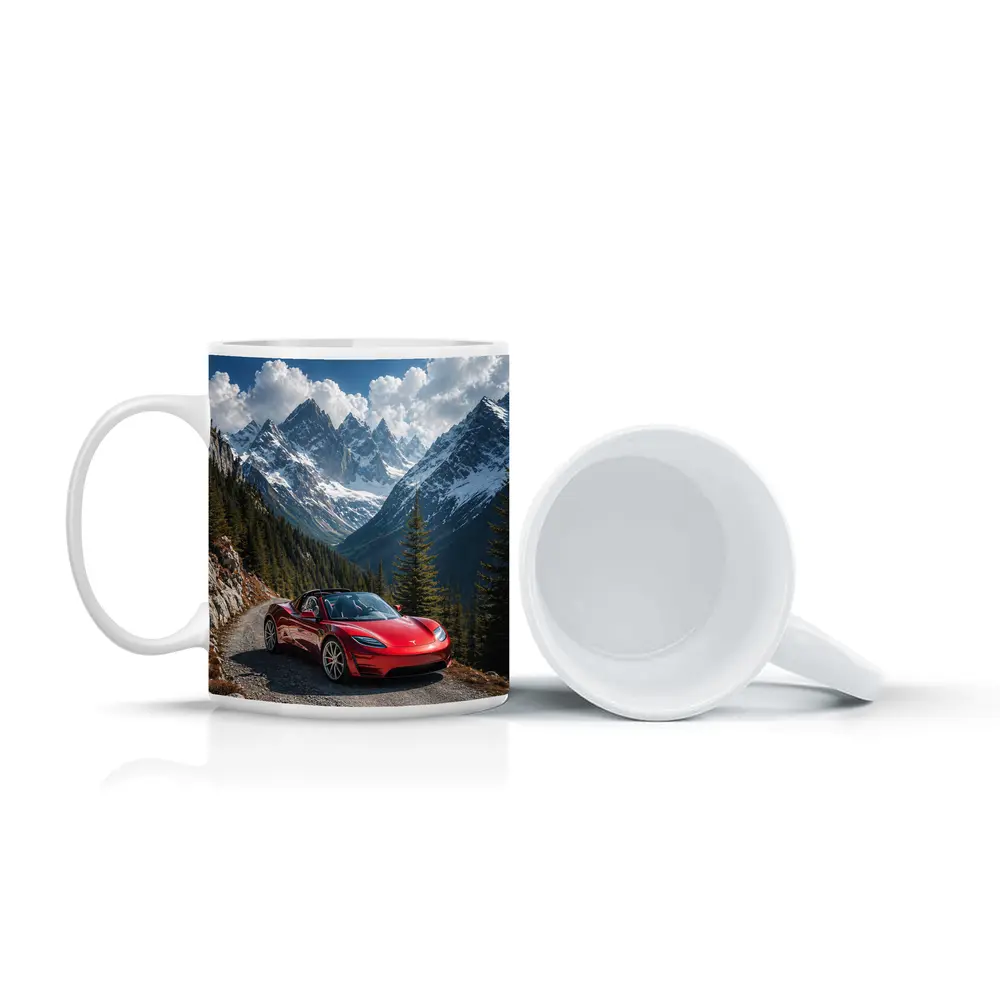 Tesla Roadster Red Car Mountain Road – Mugs