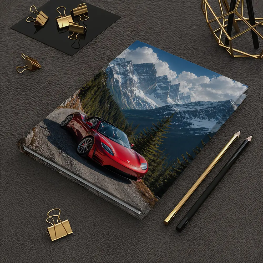 Tesla Roadster Red Car Mountain Road – Notebooks
