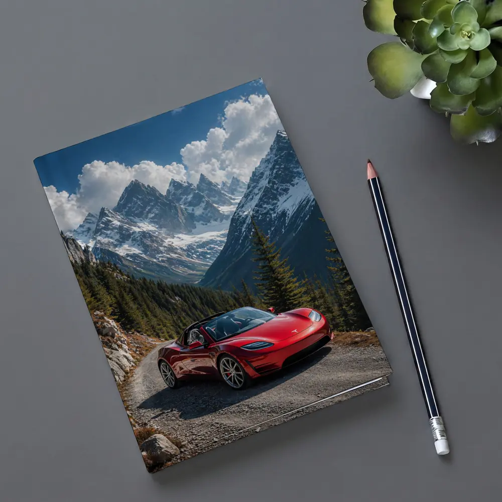 Tesla Roadster Red Car Mountain Road – Notebooks