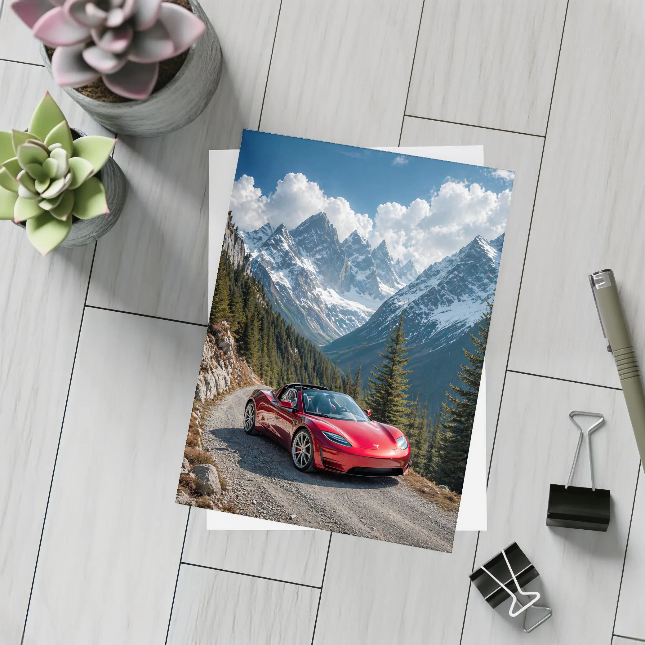 Tesla Roadster Red Car Mountain Road – Postcards