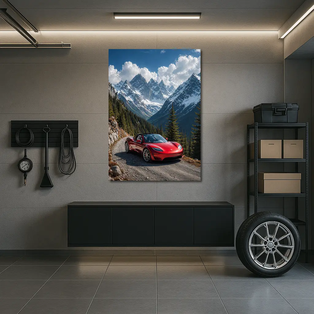 Tesla Roadster Red Car Mountain Road – Wall Art