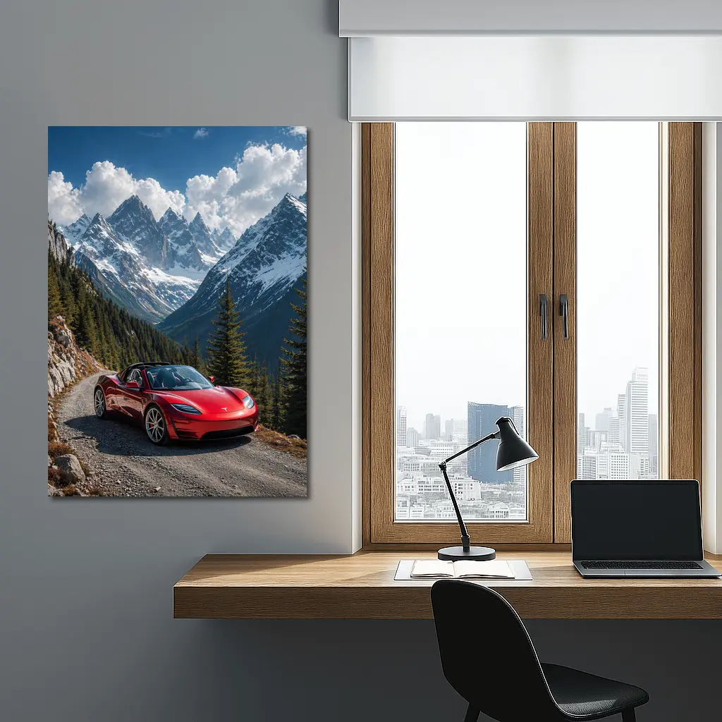 Tesla Roadster Red Car Mountain Road – Wall Art