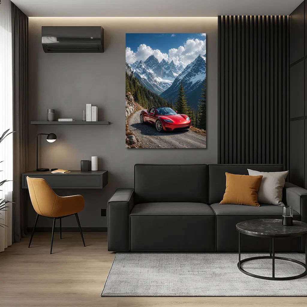 Tesla Roadster Red Car Mountain Road – Wall Art
