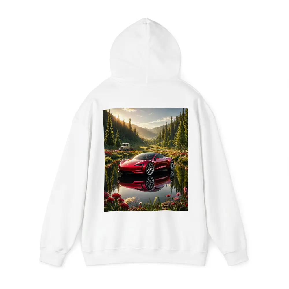 Tesla Roadster Red Reflection Mountain Lake – Hoodies