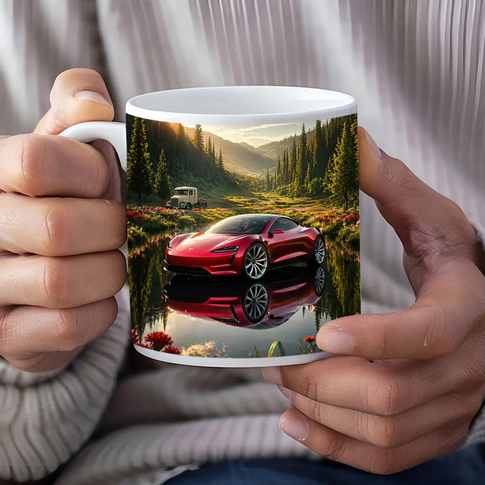 Tesla Roadster Red Reflection Mountain Lake – Mugs