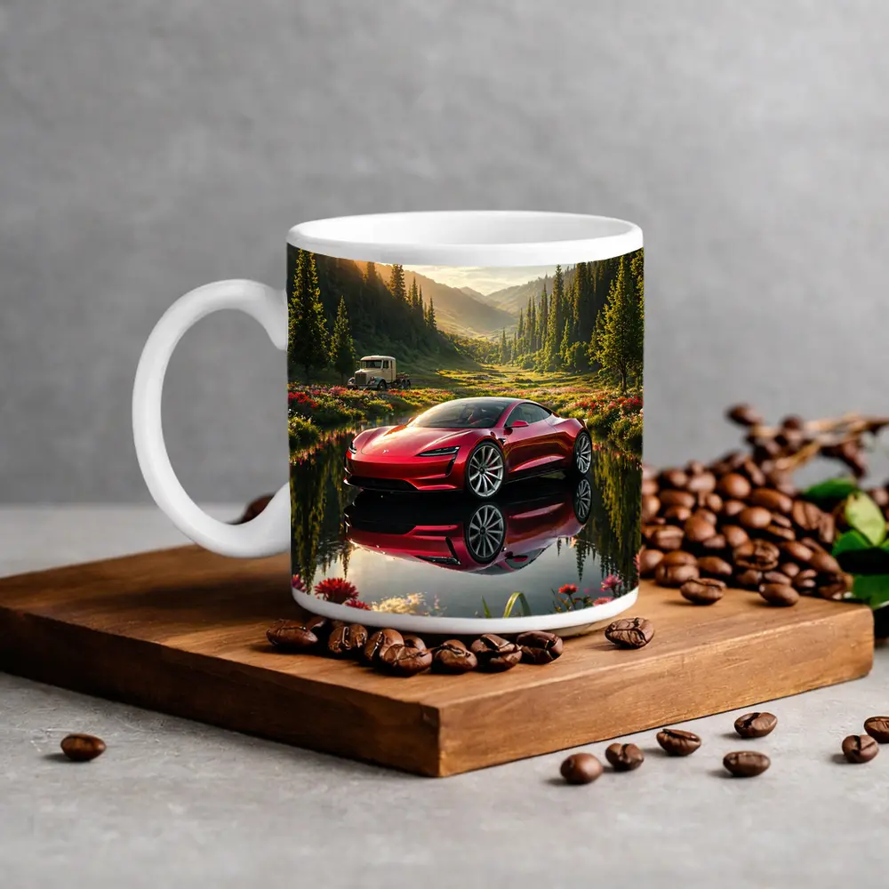 Tesla Roadster Red Reflection Mountain Lake – Mugs