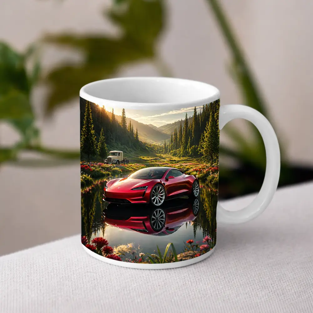 Tesla Roadster Red Reflection Mountain Lake – Mugs