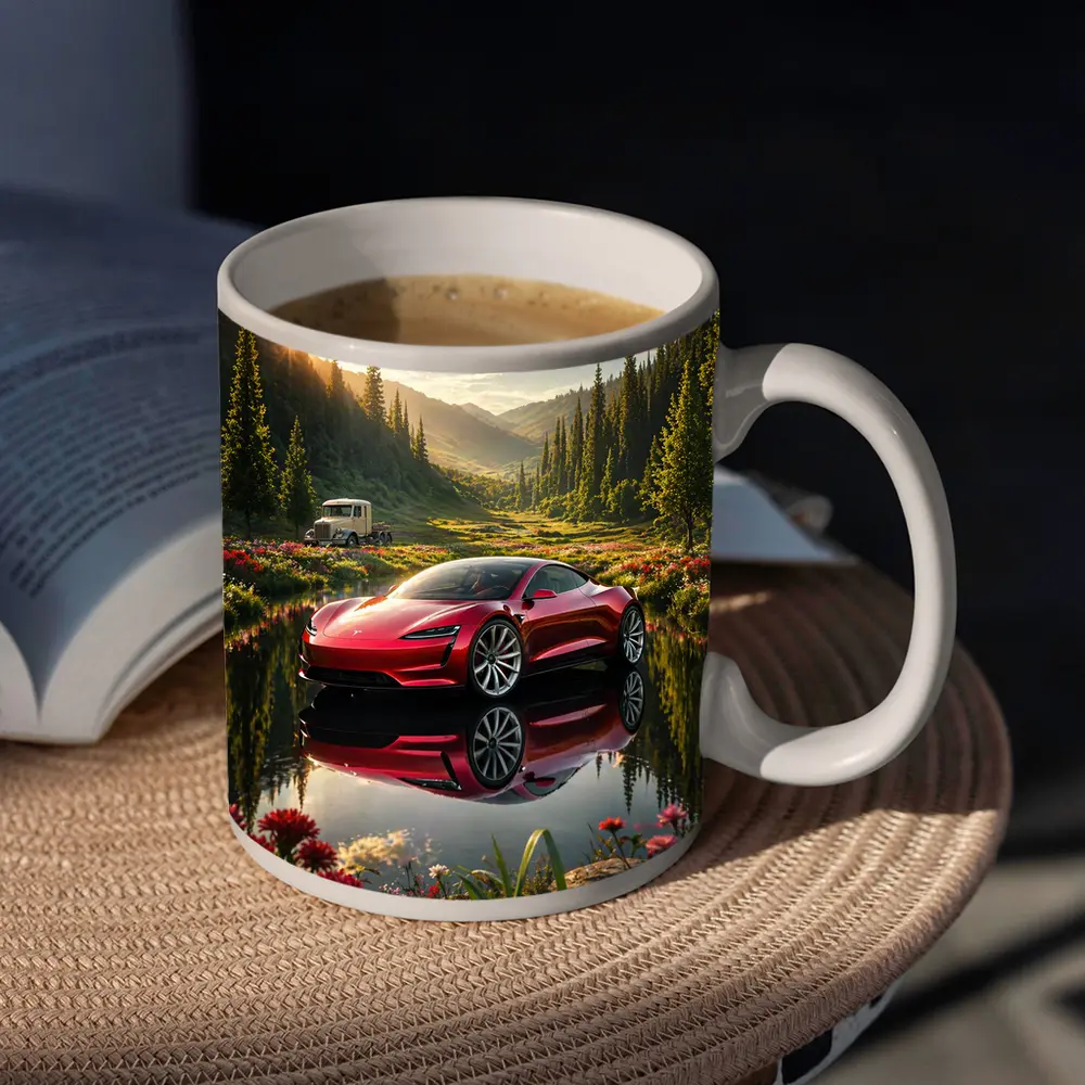 Tesla Roadster Red Reflection Mountain Lake – Mugs