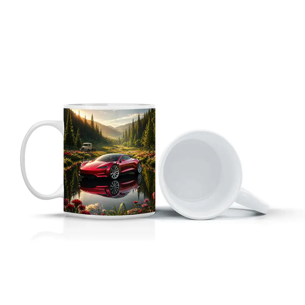 Tesla Roadster Red Reflection Mountain Lake – Mugs