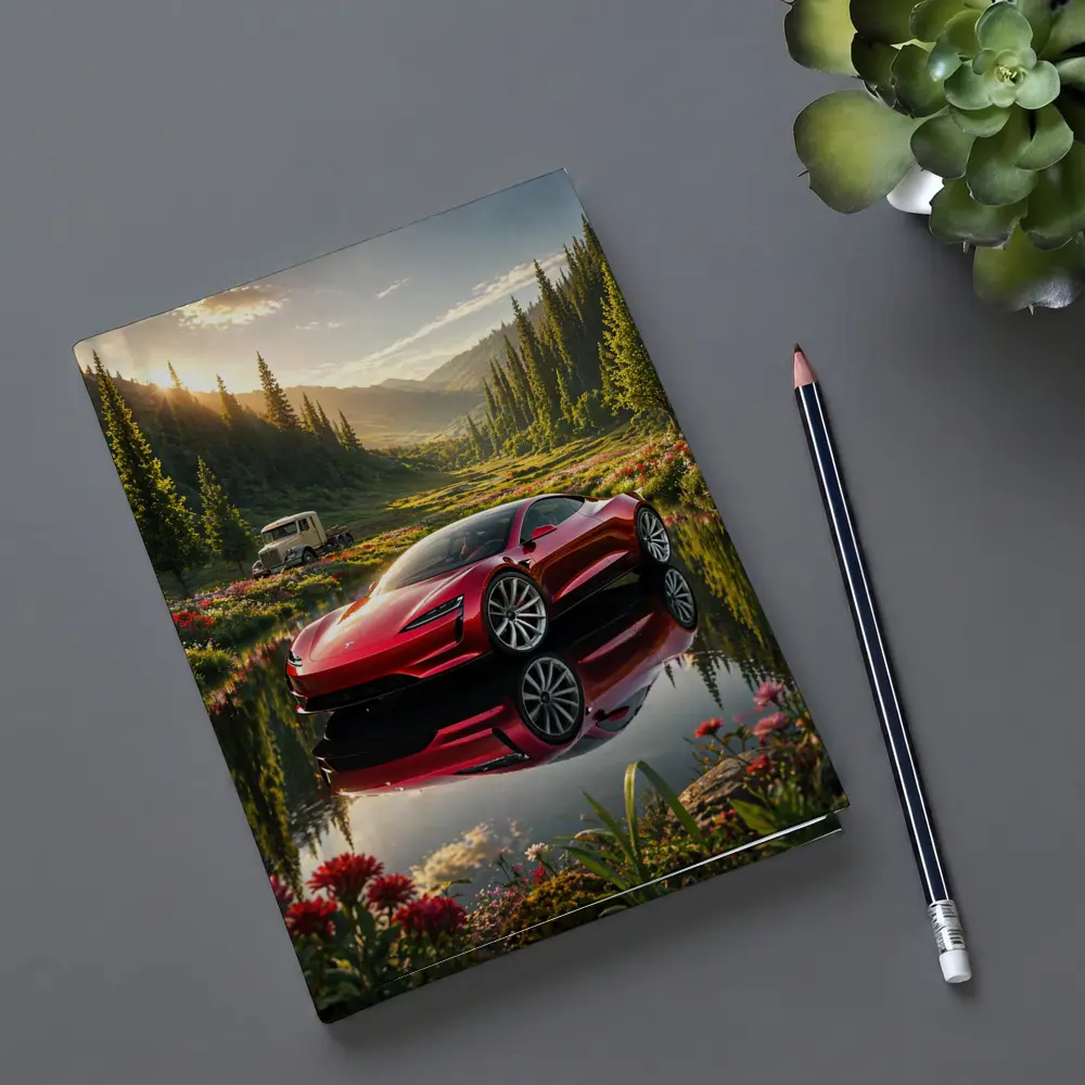 Tesla Roadster Red Reflection Mountain Lake – Notebooks