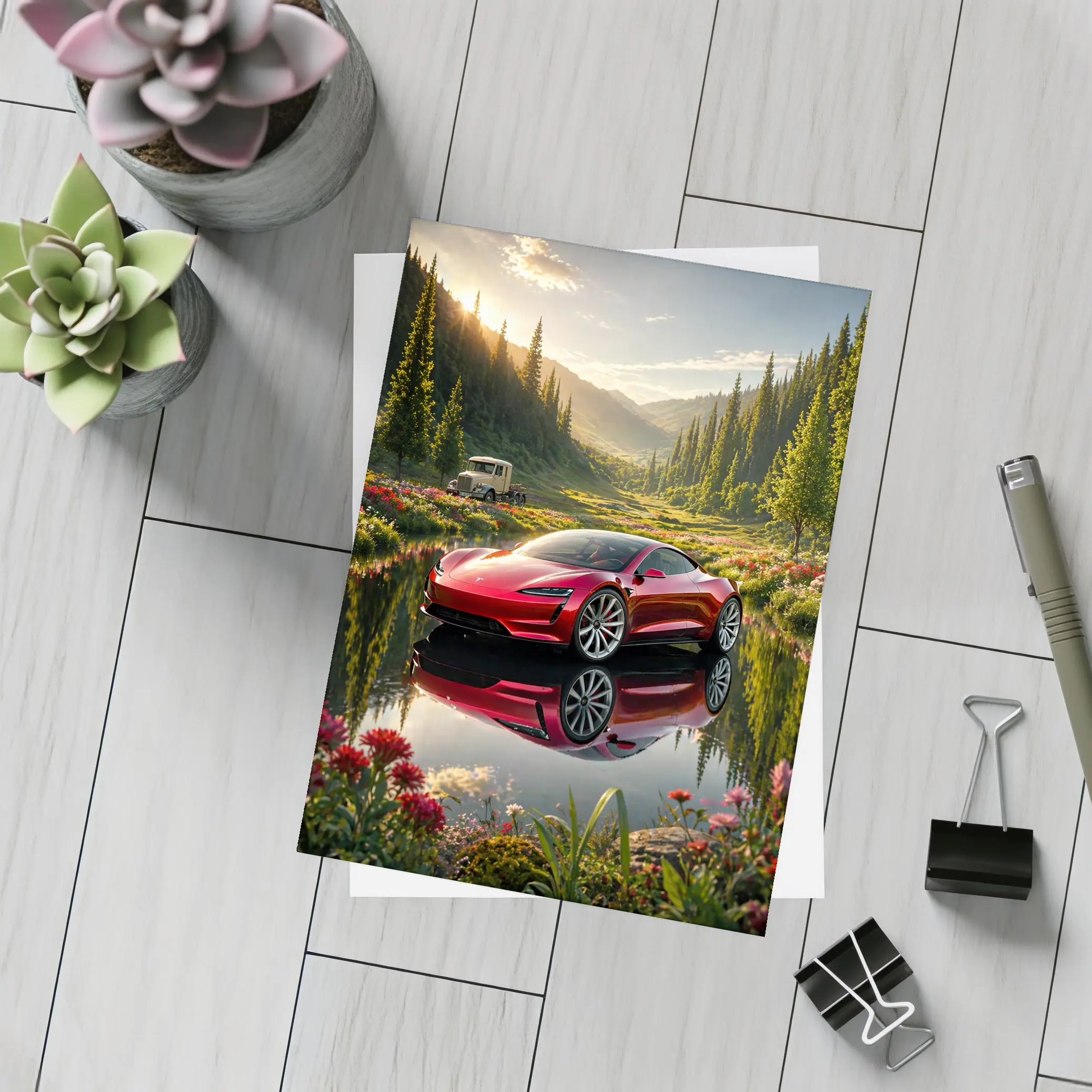 Tesla Roadster Red Reflection Mountain Lake – Postcards