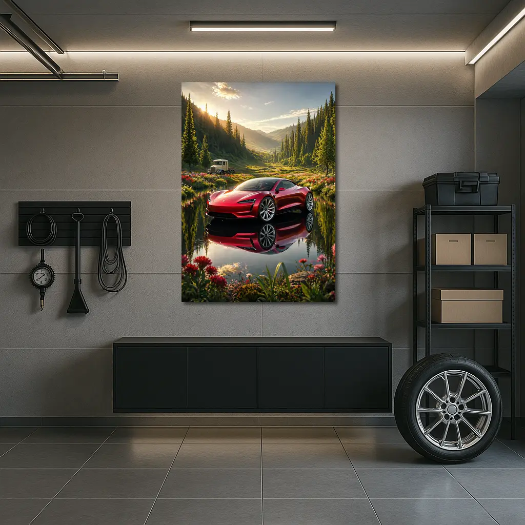 Tesla Roadster Red Reflection Mountain Lake – Wall Art