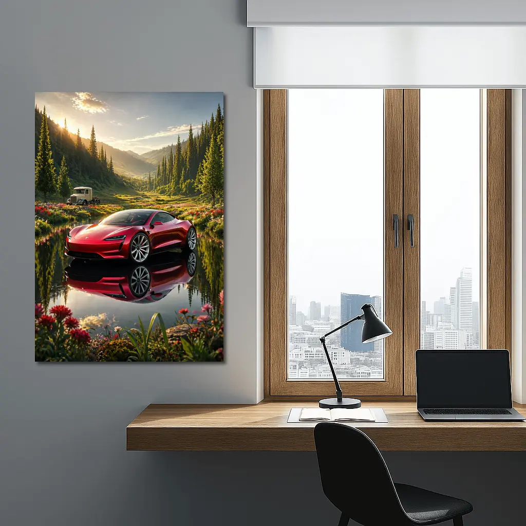 Tesla Roadster Red Reflection Mountain Lake – Wall Art