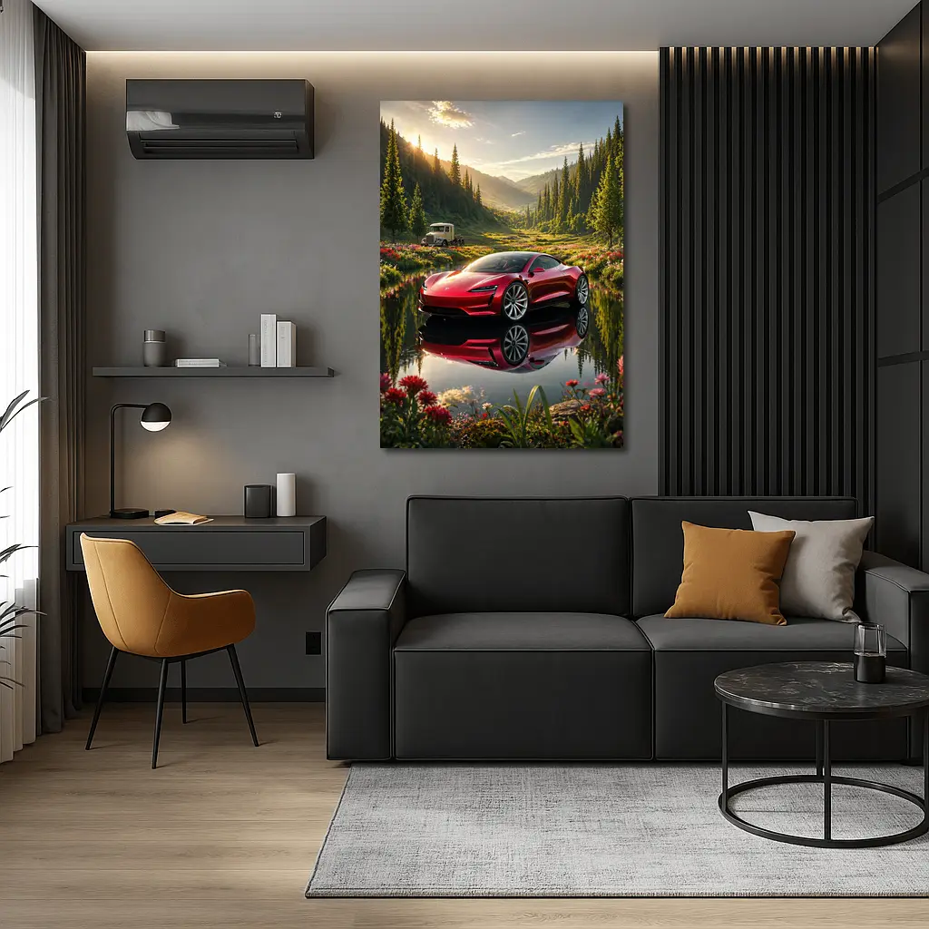 Tesla Roadster Red Reflection Mountain Lake – Wall Art