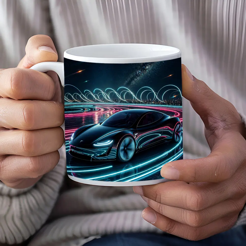 Tesla Roadster Neon Light Trails Night Sky – Mugs