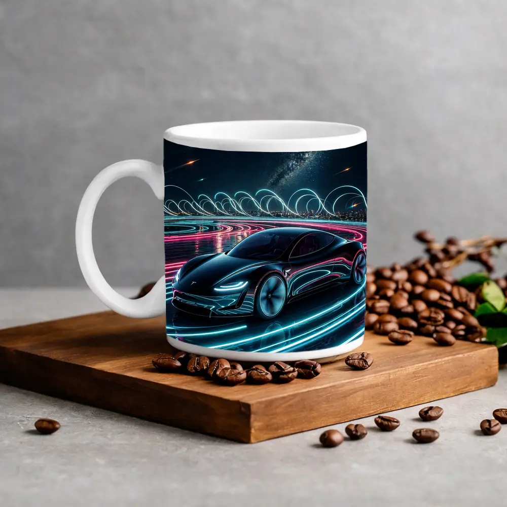 Tesla Roadster Neon Light Trails Night Sky – Mugs
