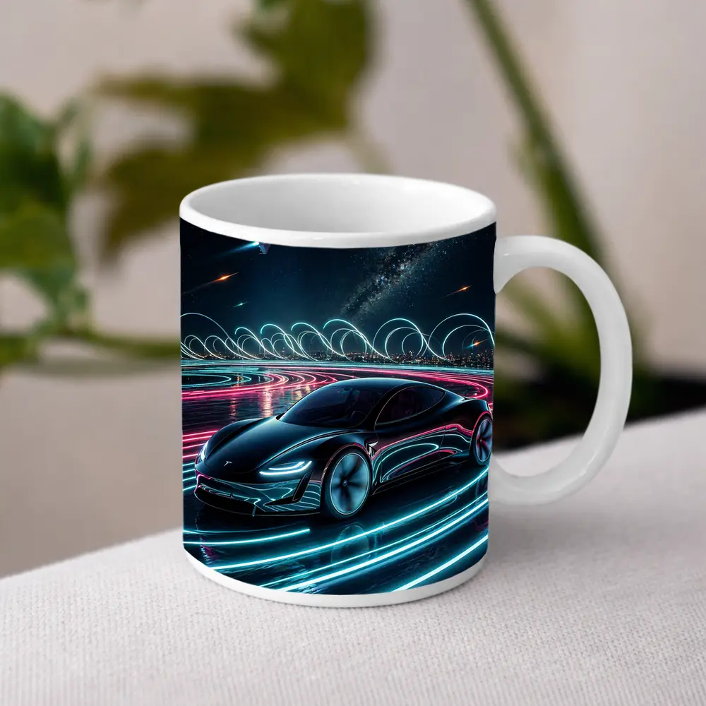 Tesla Roadster Neon Light Trails Night Sky – Mugs
