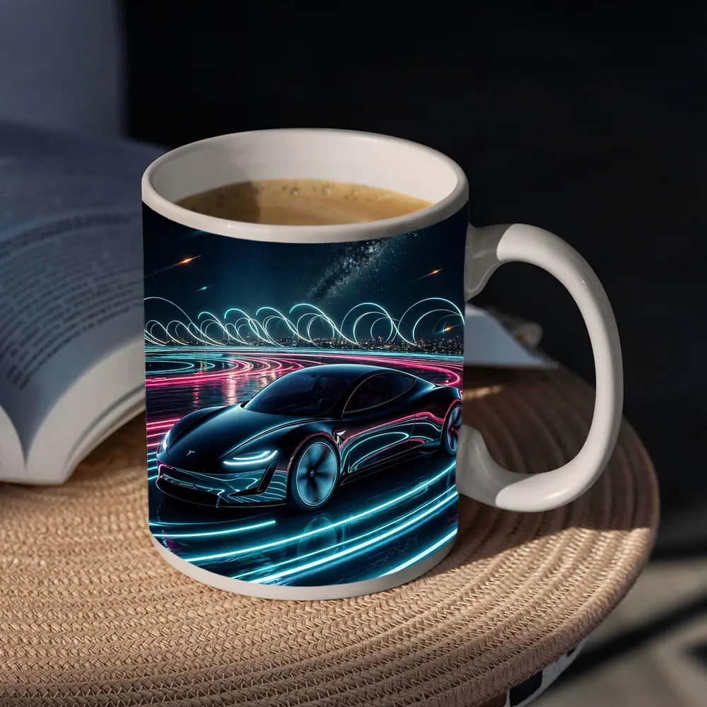 Tesla Roadster Neon Light Trails Night Sky – Mugs
