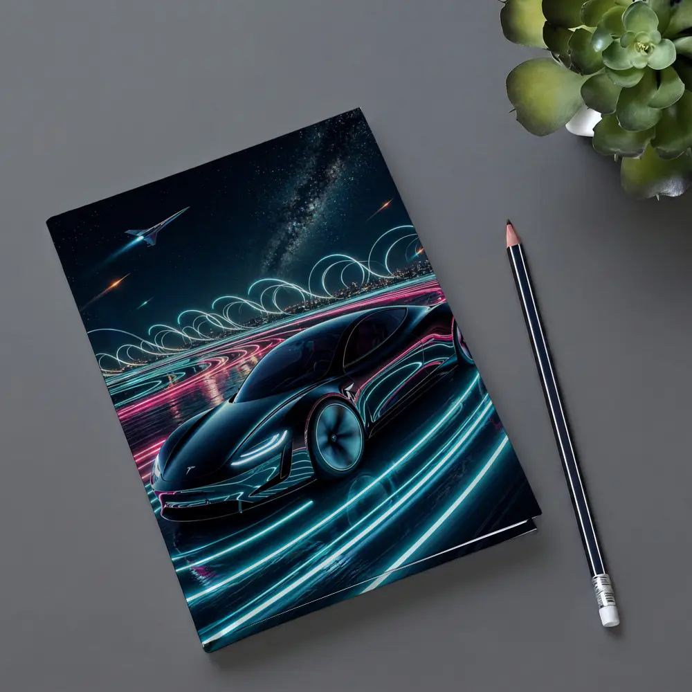 Tesla Roadster Neon Light Trails Night Sky – Notebooks