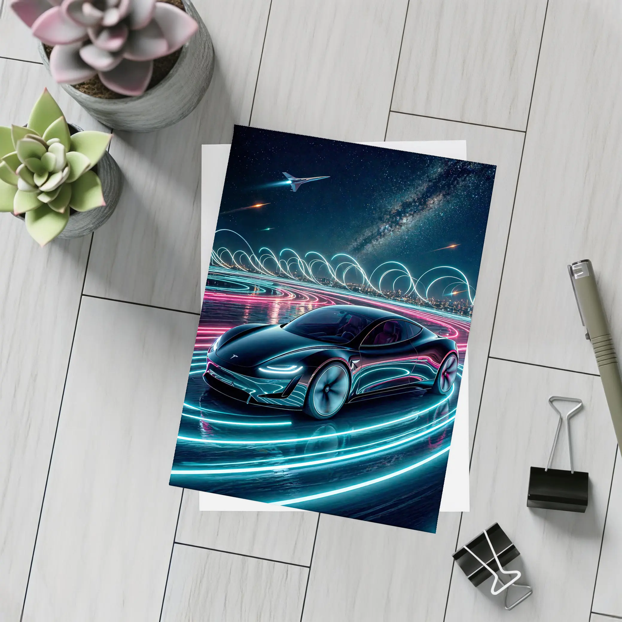 Tesla Roadster Neon Light Trails Night Sky – Postcards