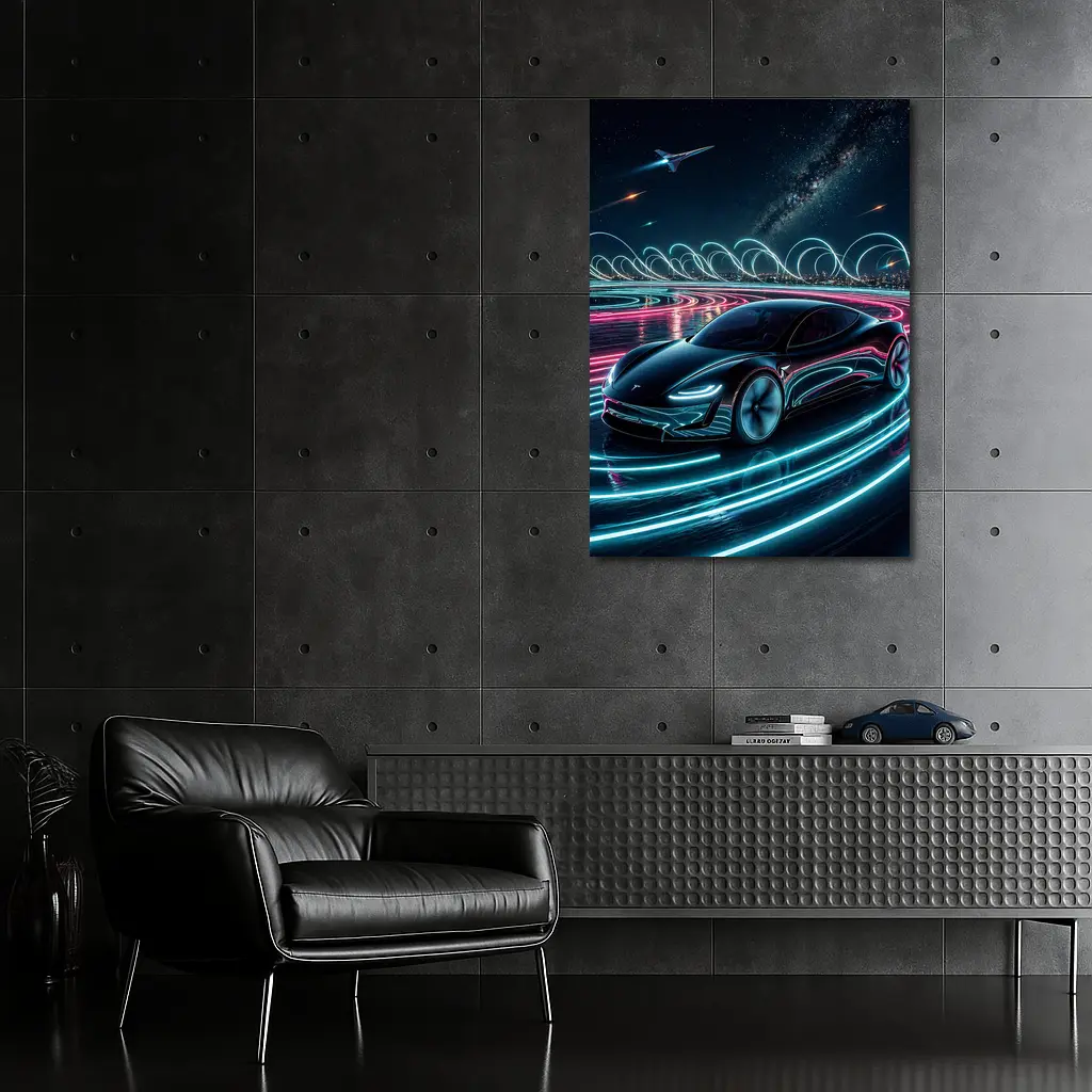 Tesla Roadster Neon Light Trails Night Sky – Wall Art