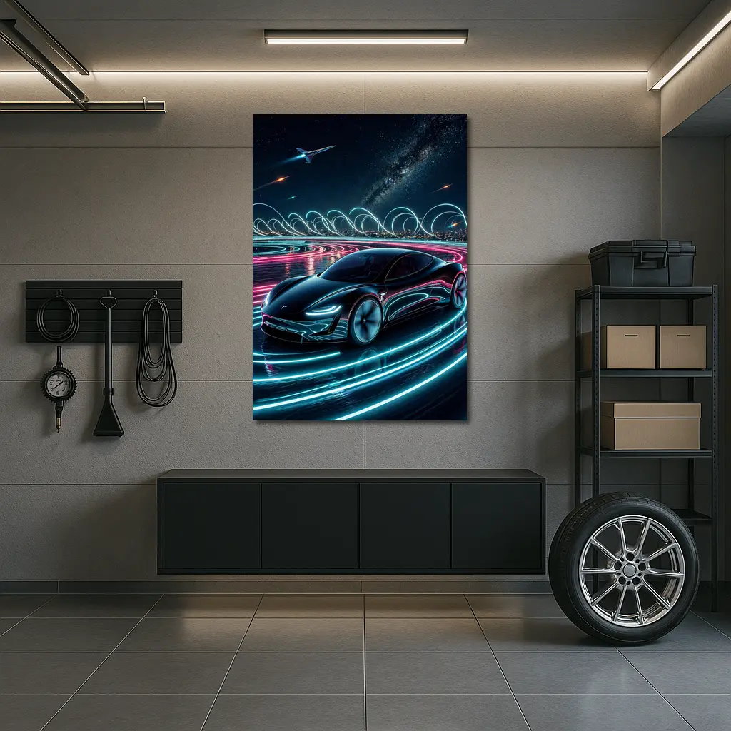 Tesla Roadster Neon Light Trails Night Sky – Wall Art