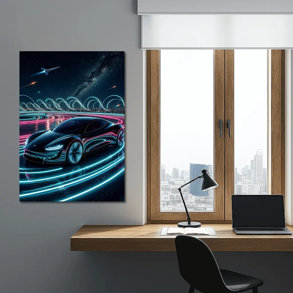 Tesla Roadster Neon Light Trails Night Sky – Wall Art