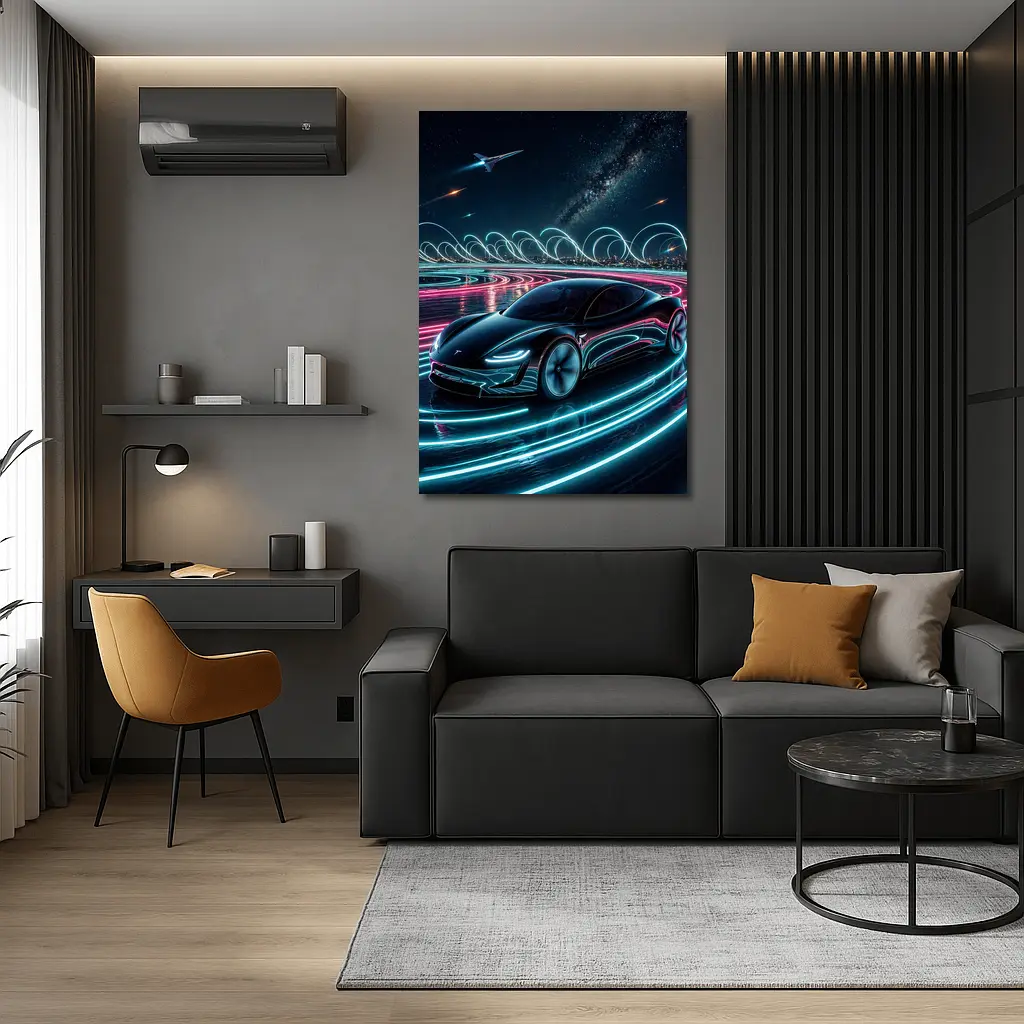 Tesla Roadster Neon Light Trails Night Sky – Wall Art
