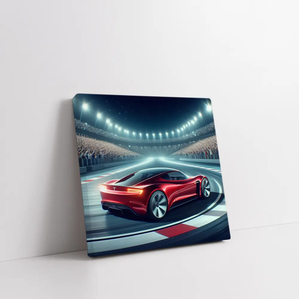 Tesla Roadster Racing On Stadium Track – Wall Art
