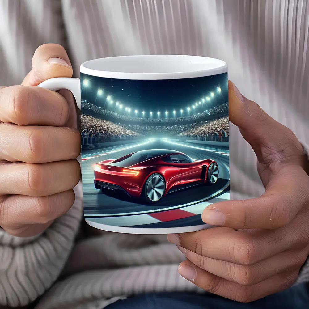 Tesla Roadster Racing On Stadium Track – Mugs