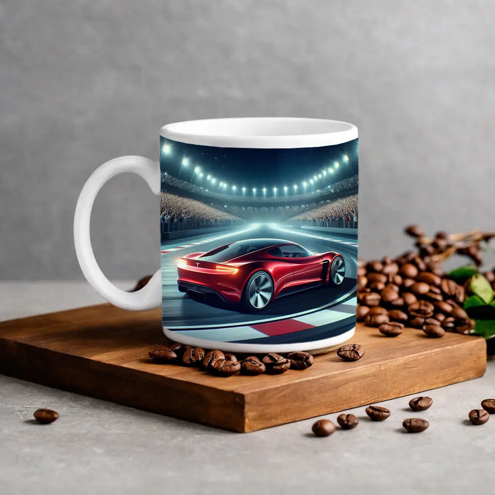 Tesla Roadster Racing On Stadium Track – Mugs