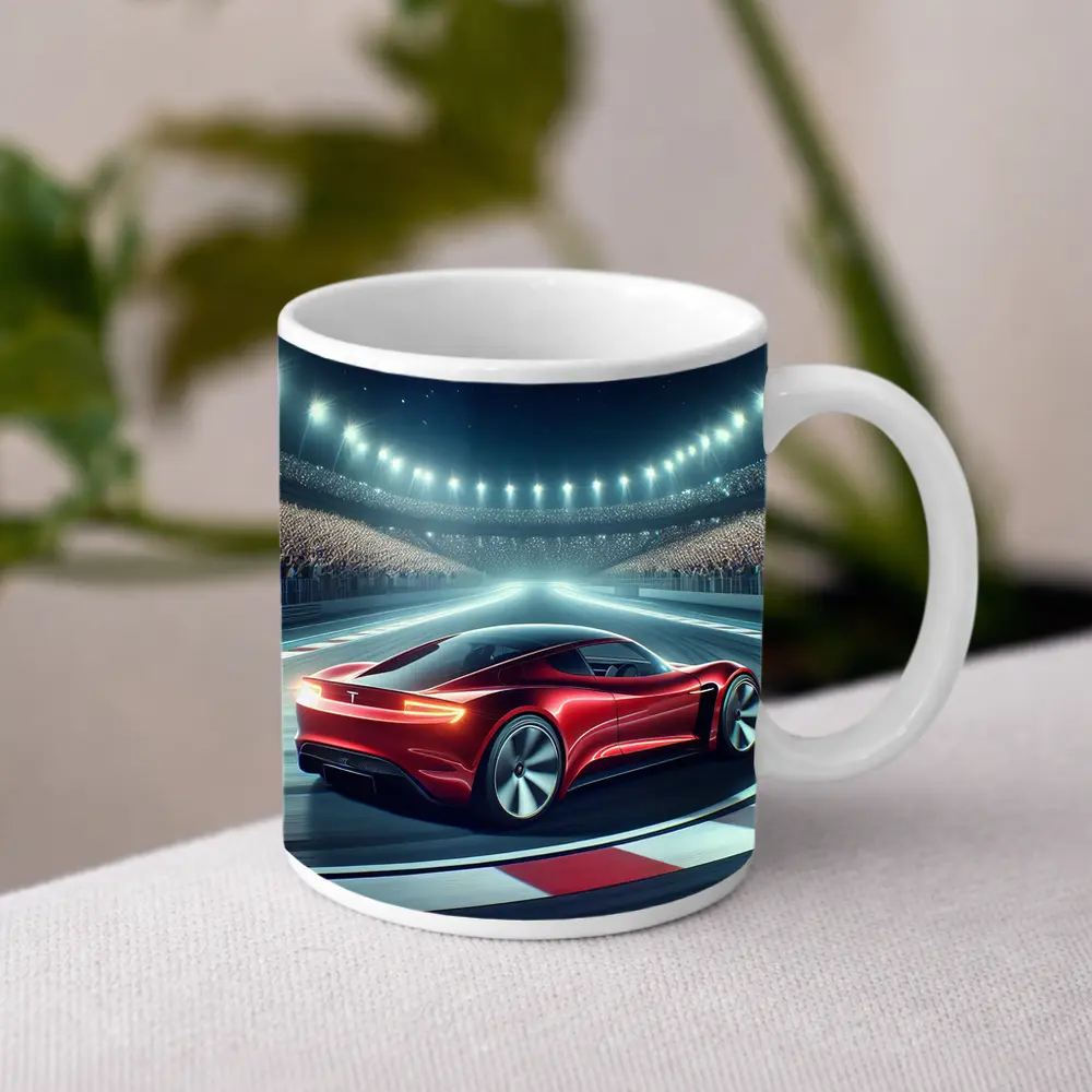 Tesla Roadster Racing On Stadium Track – Mugs