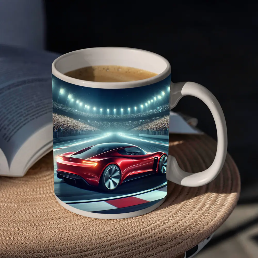 Tesla Roadster Racing On Stadium Track – Mugs