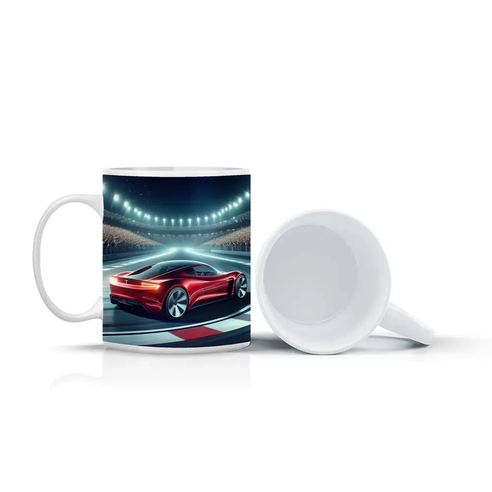 Tesla Roadster Racing On Stadium Track – Mugs