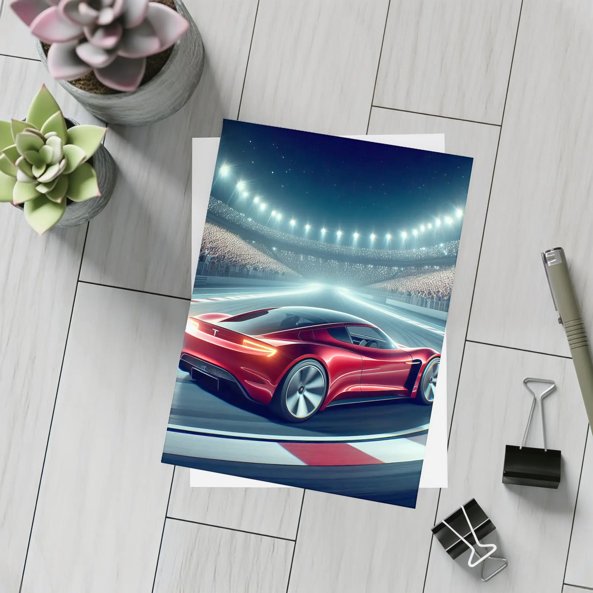 Tesla Roadster Racing On Stadium Track – Postcards
