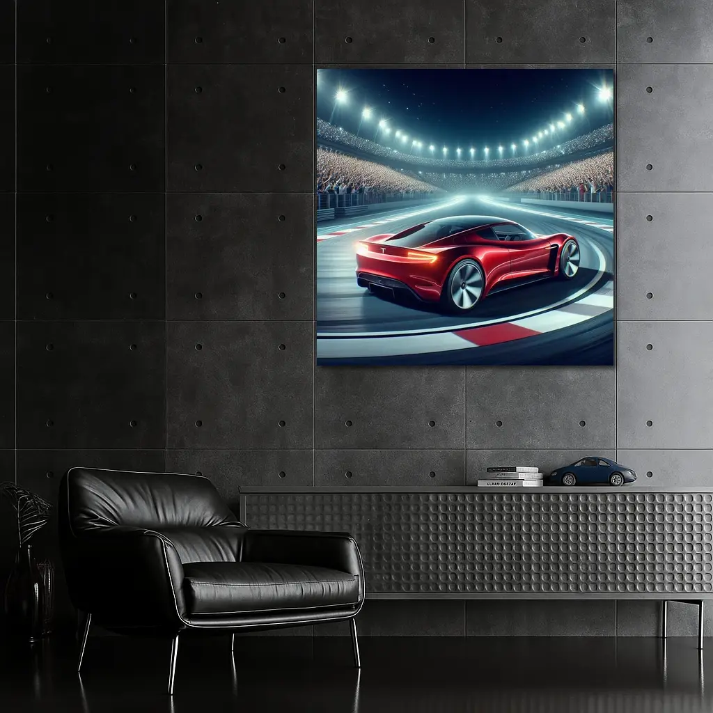 Tesla Roadster Racing On Stadium Track – Wall Art