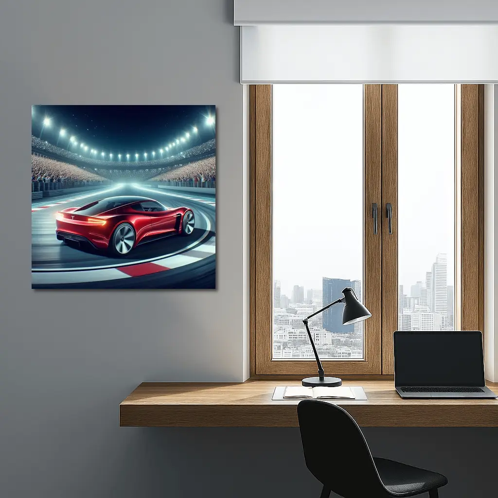 Tesla Roadster Racing On Stadium Track – Wall Art