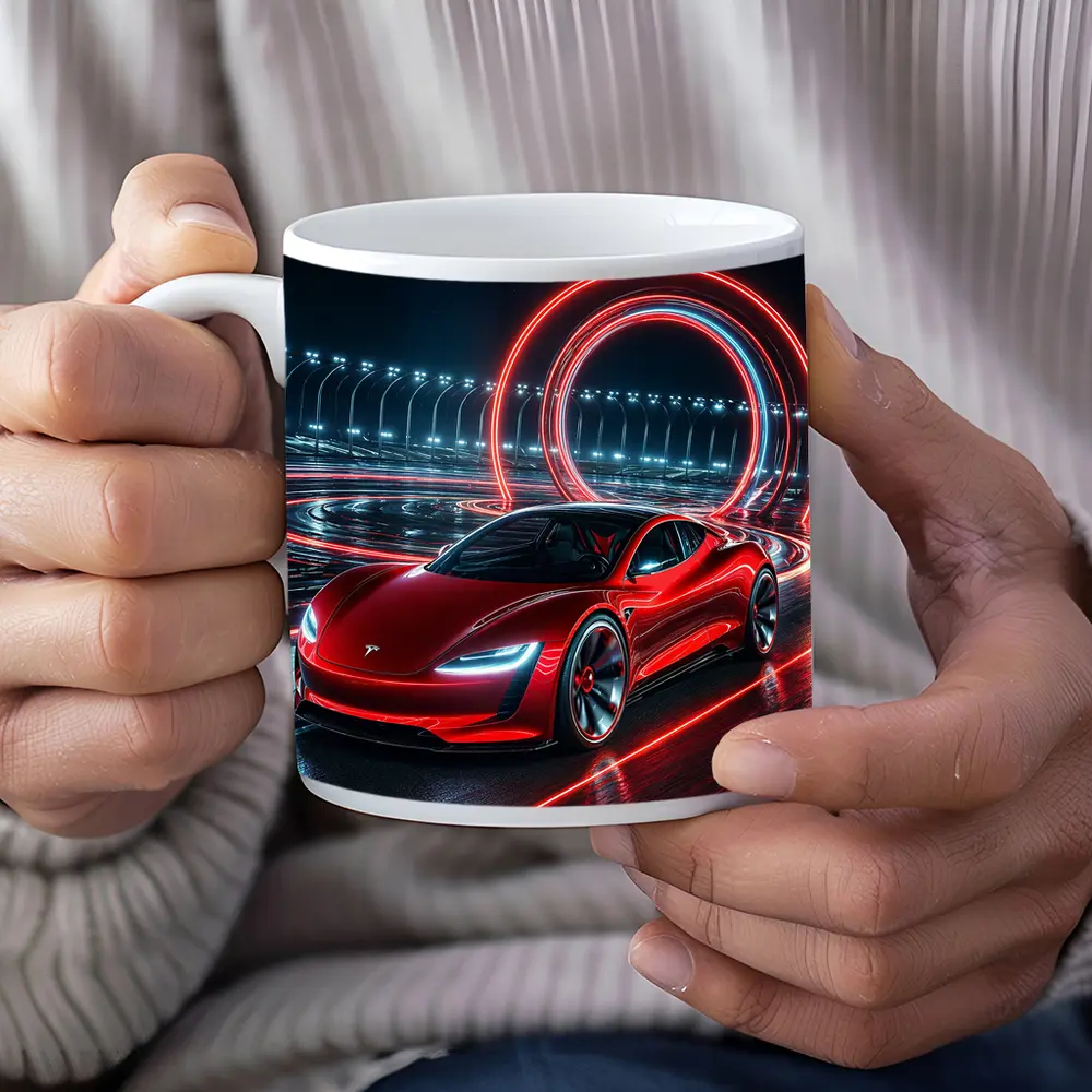 Tesla Roadster Red Neon Racing Track Night – Mugs