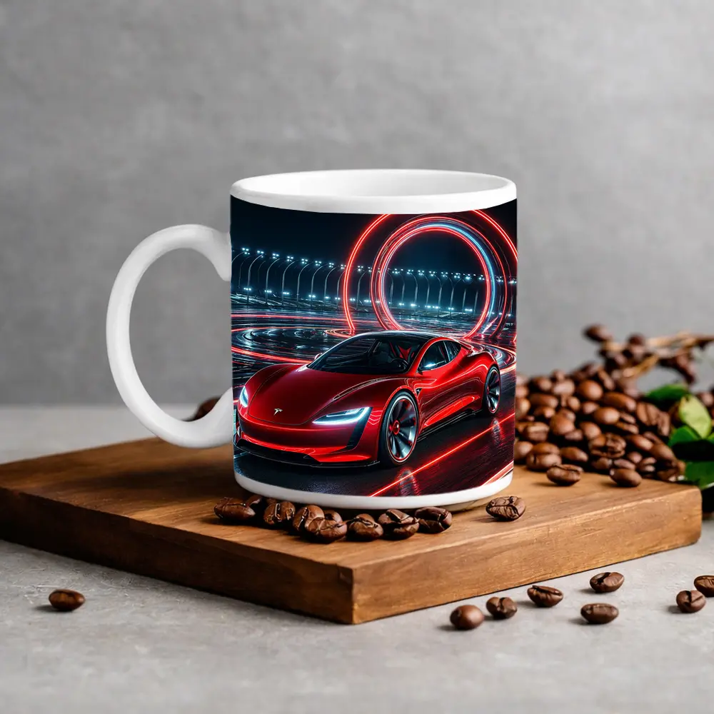Tesla Roadster Red Neon Racing Track Night – Mugs
