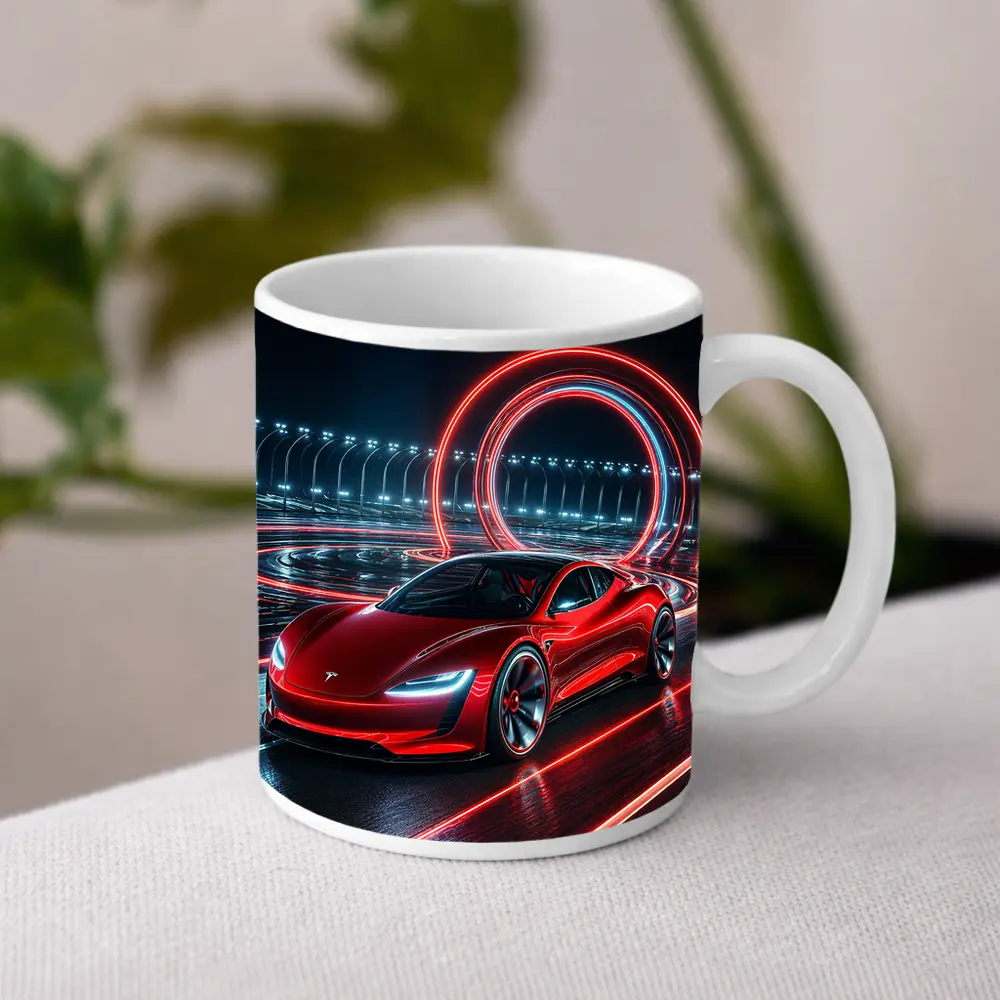 Tesla Roadster Red Neon Racing Track Night – Mugs