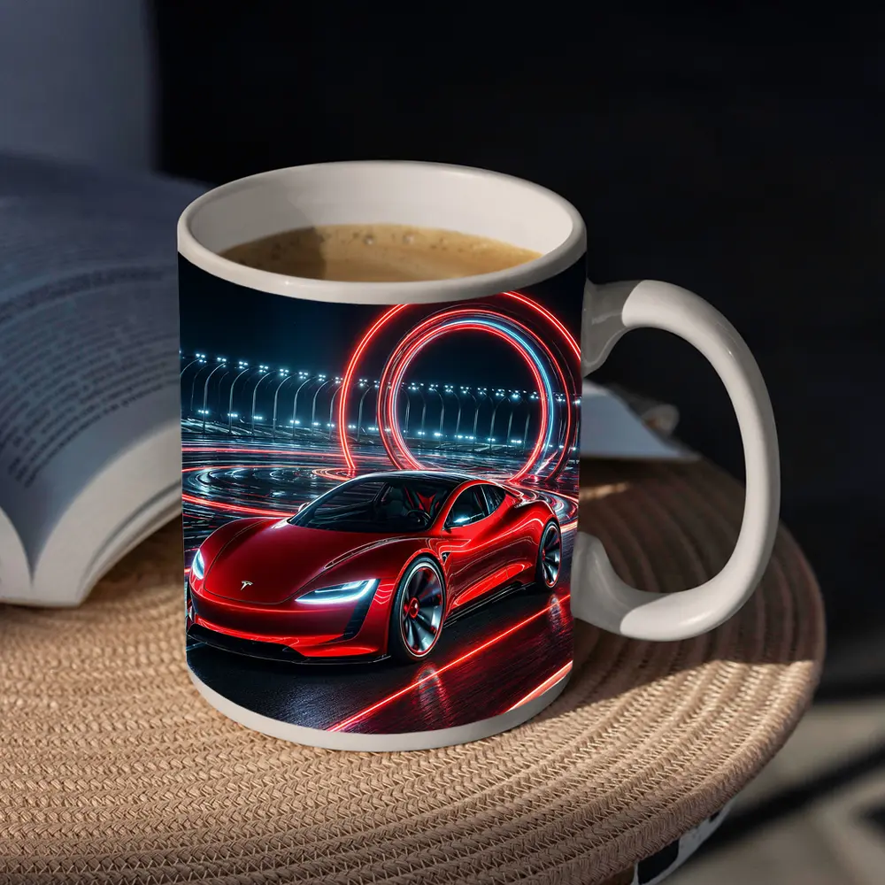 Tesla Roadster Red Neon Racing Track Night – Mugs