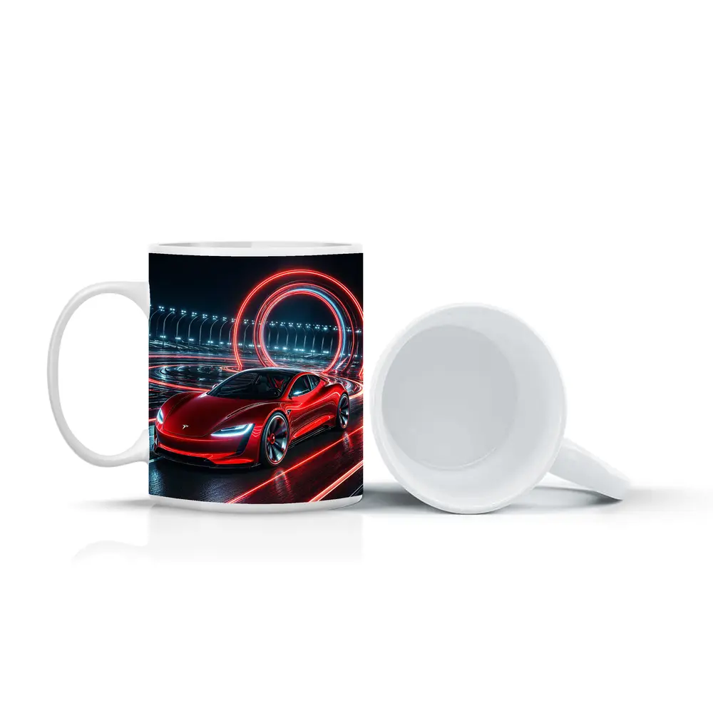 Tesla Roadster Red Neon Racing Track Night – Mugs