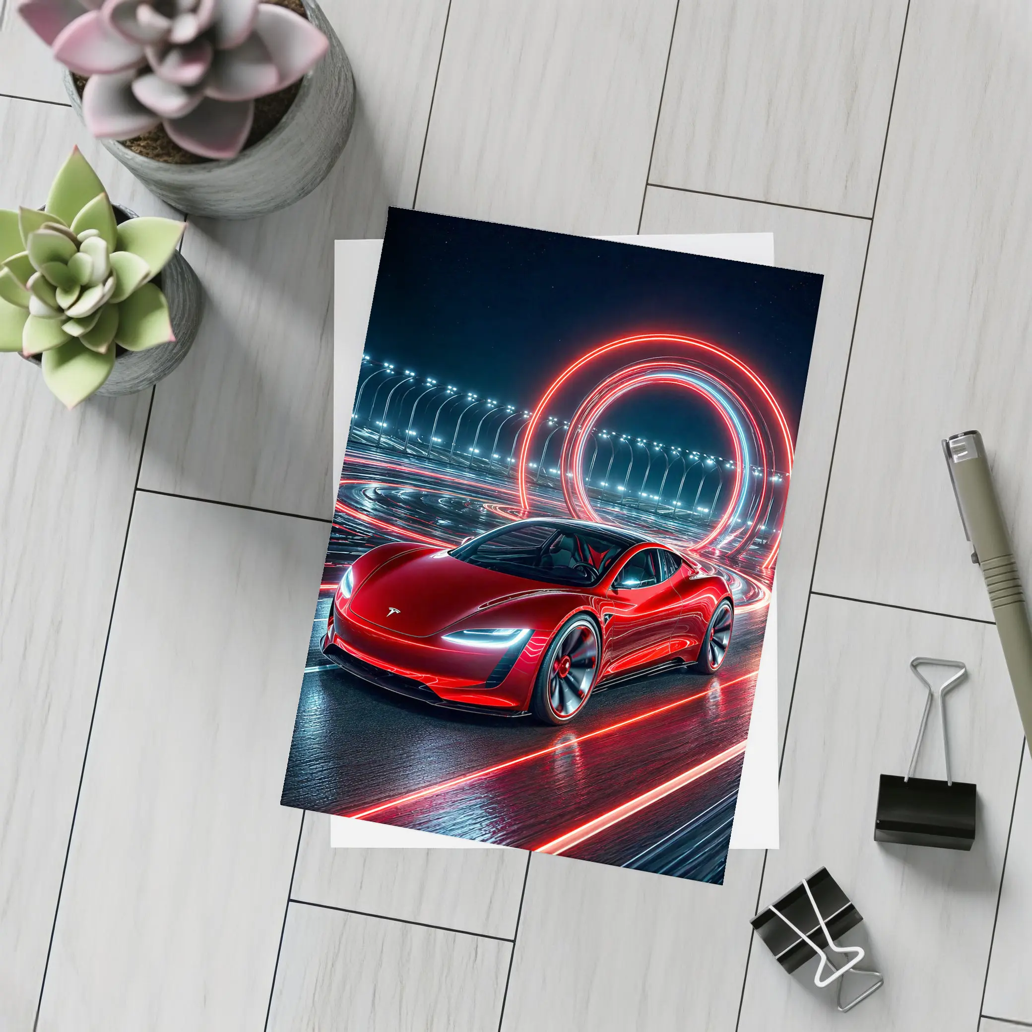 Tesla Roadster Red Neon Racing Track Night – Postcards