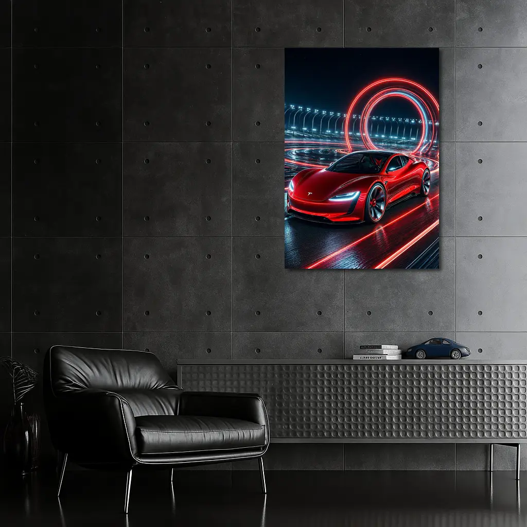 Tesla Roadster Red Neon Racing Track Night – Wall Art