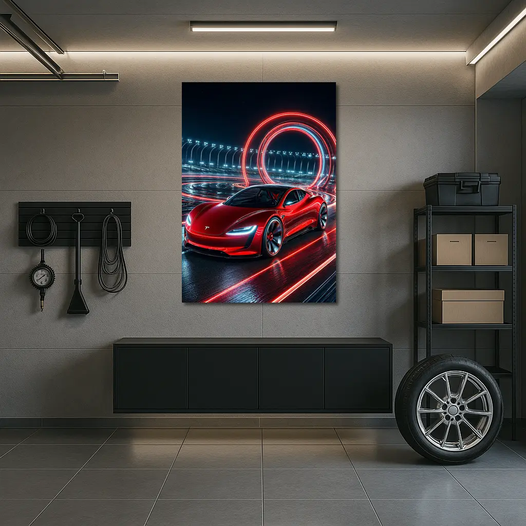 Tesla Roadster Red Neon Racing Track Night – Wall Art